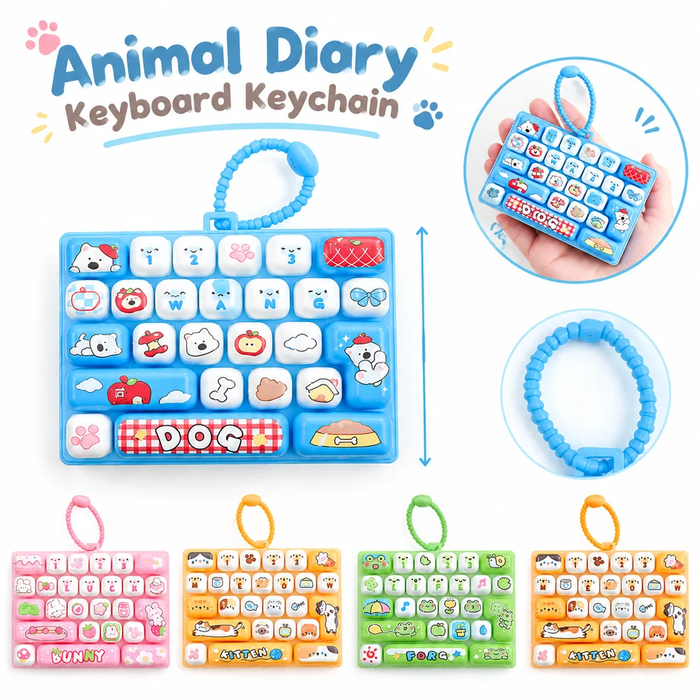 1Pcs 26-Key Animal Diary Keyboard Keychain Resin Cute Style Keyboard Fidget Fidget Clicker Keychain for Backpack Bag Pendant