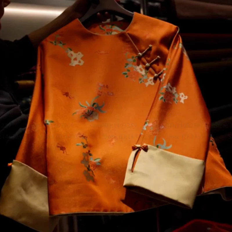 

Элегантный женский жакет в стиле Тан с жаккардовым узором, традиционная китайская куртка, весенняя новинка, топ-ципао, свободная повседневная рубашка, верхняя одежда