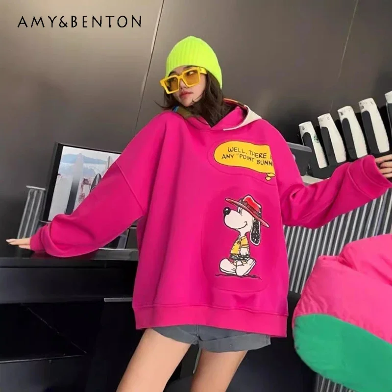 

European Style Oversized Pullovers Age Reduction Fun Cartoon Contrasting Color Splicing Hooded Sweatshirts Loose Casual Hoodies