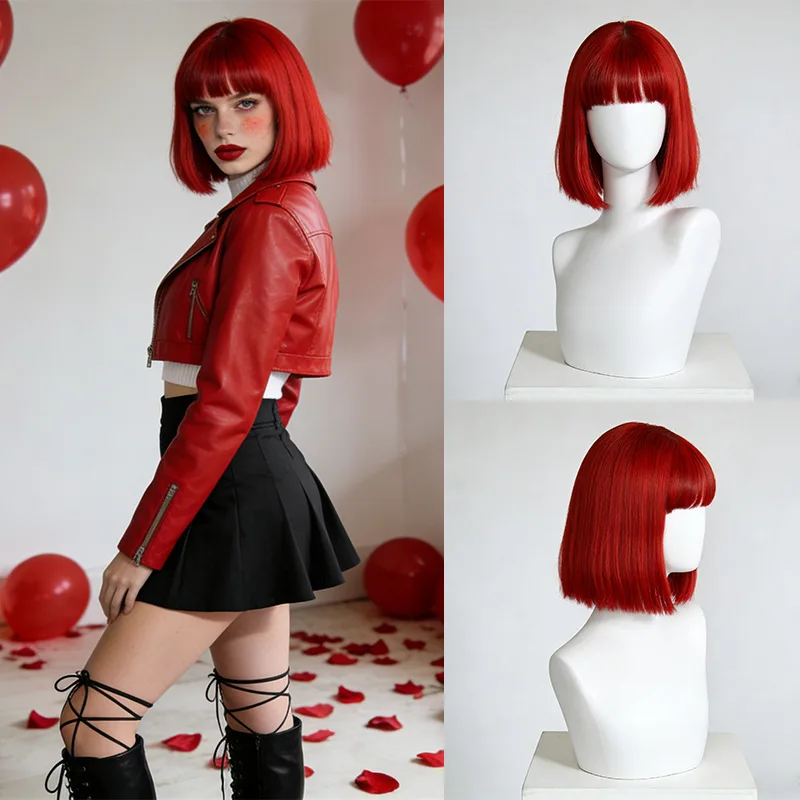 Bobblehead red synthetic wig for Halloween party cosplay role-playing wig for daily party wear, hot wire wig headband