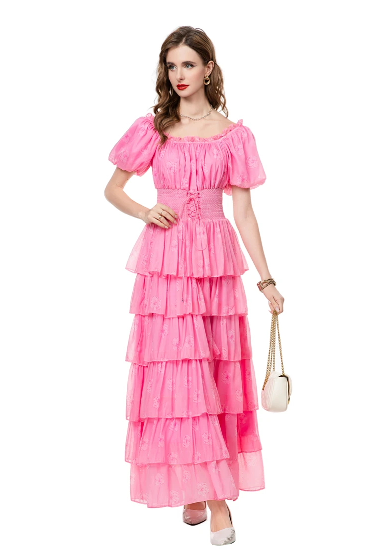 Vestidos femininos decote colher mangas curtas em camadas babados elegante designer vestido de baile maxi vestidos