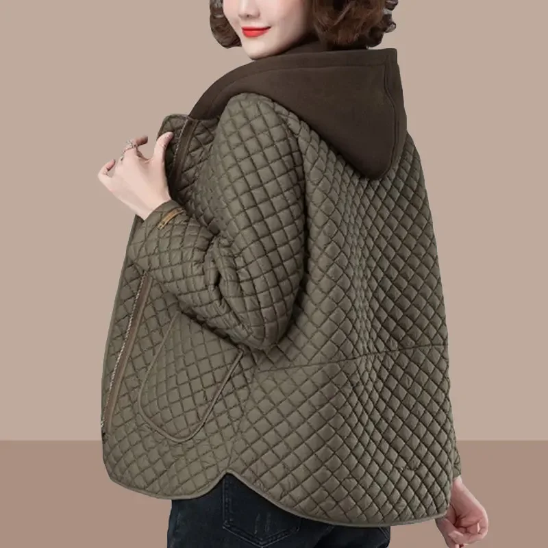 Autumn Winter Rhombus Jacket Women Lightweight Cotton Coat Fashion Middle Age Hooded Loose Spliced Pockets Female Casual Tops