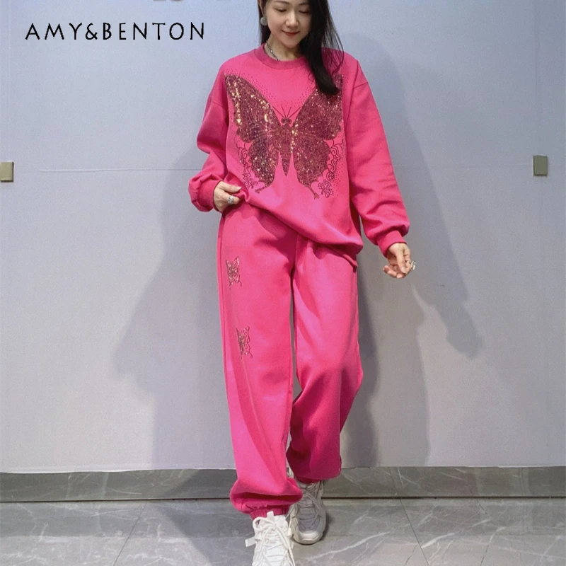 

American Style Women's Round Neck Pullover Long Sleeves Sweatshirt Suit Loose Jogger Pants Tracksuit Rhinestone Two-Piece Set