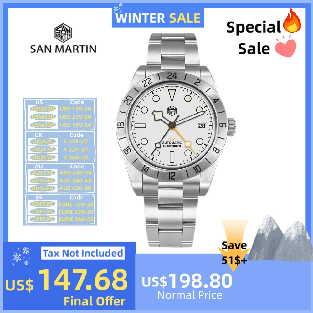 San Martin 39mm BB GMT Watch NH34 Automatic Wristwatch Man Date BGW-X1 Luminous Montre Homme Waterproof 10Bar Sapphire SN0054E