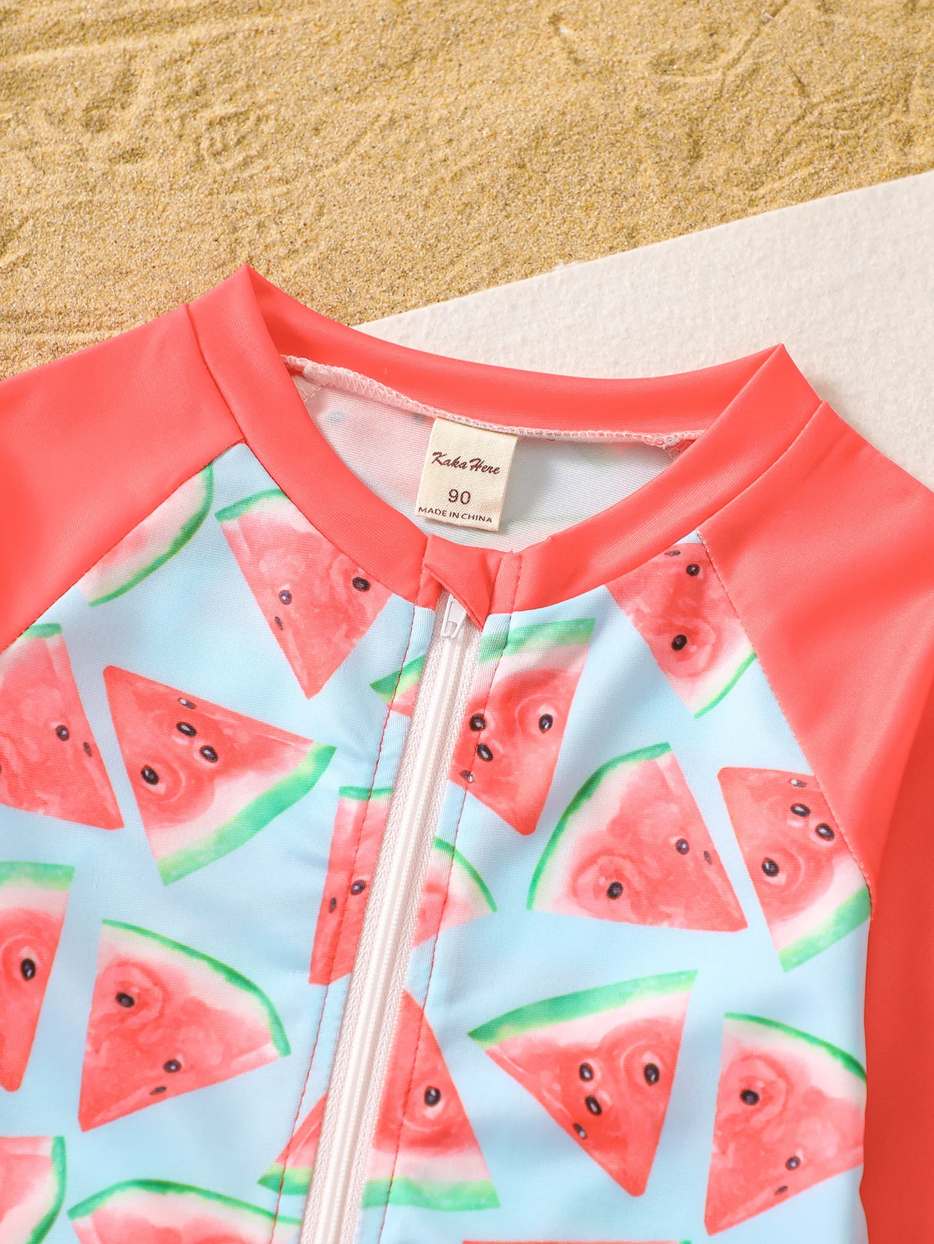 Girls Sweet One Piece Zipper Swimsuit Allover Watermelon Print Long Sleeve Crew Neck Ruffle Hem Cute Fashion Swimwear