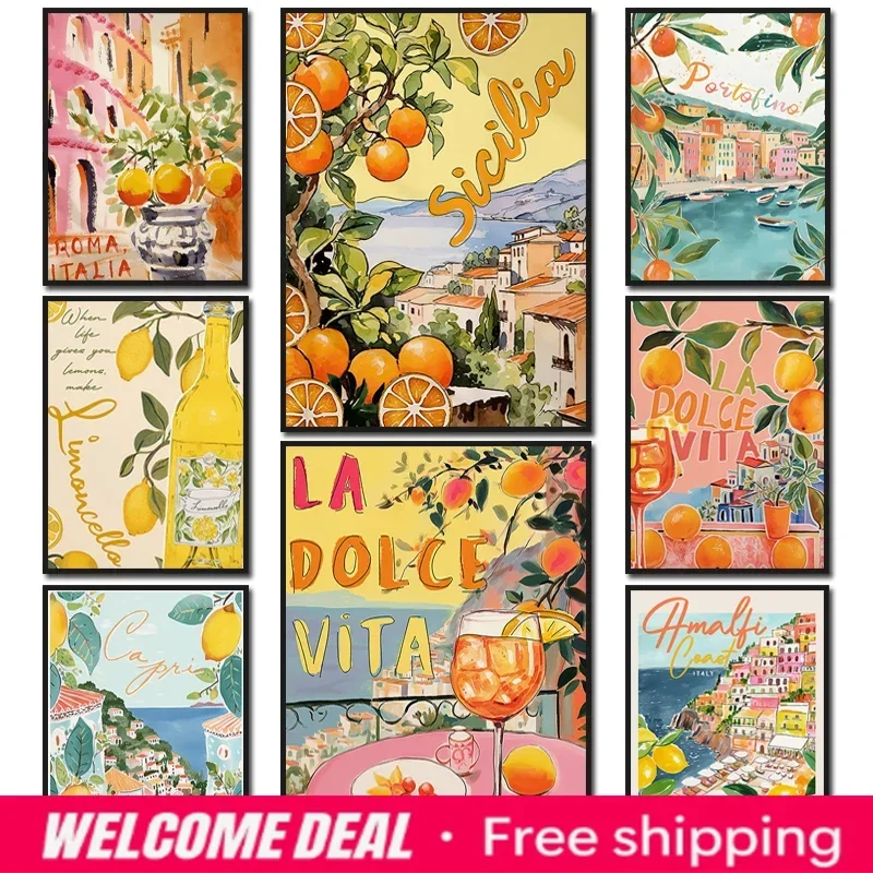 2026  La Dolce Vita Lemon Posters and Prints Retro Spritz Canvas Painting Santorini Italy Travel Wall Art Poster Living Room