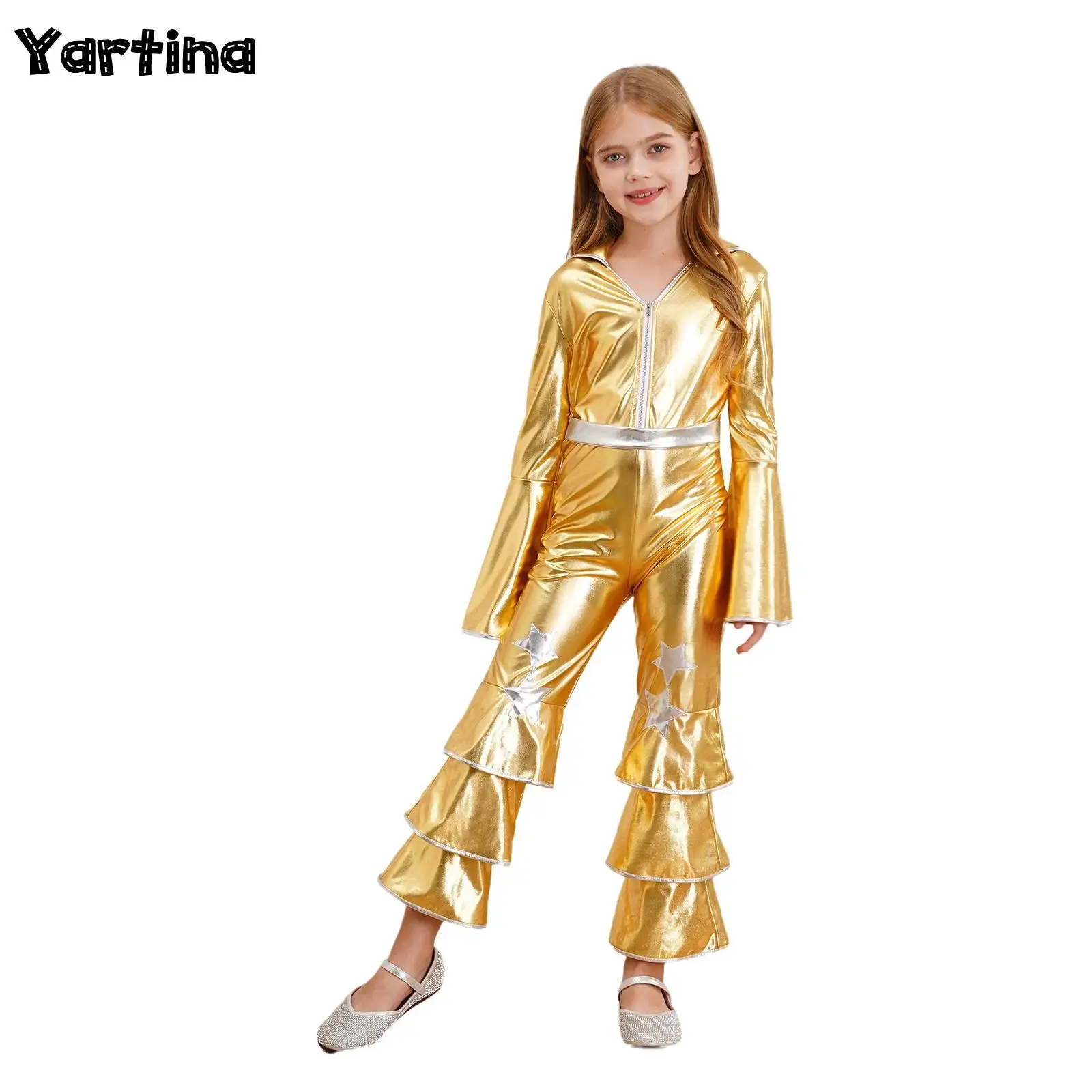 

Kids Girls 1970s Disco Costume Ballet Dance Bodysuit Sleeve Ruffle Bell Bottom Zipper Jumpsuit Retro Cosplay Performance Costume