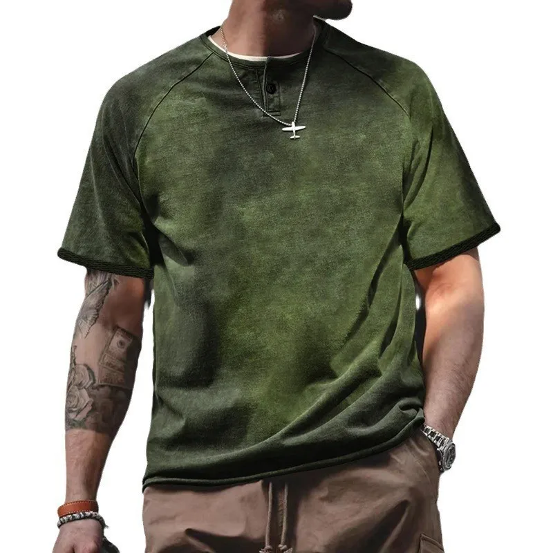 

Retro distressed new Henry neck elastic slim fit short sleeved khaki American oversized tough guy T-shirt for men's summer