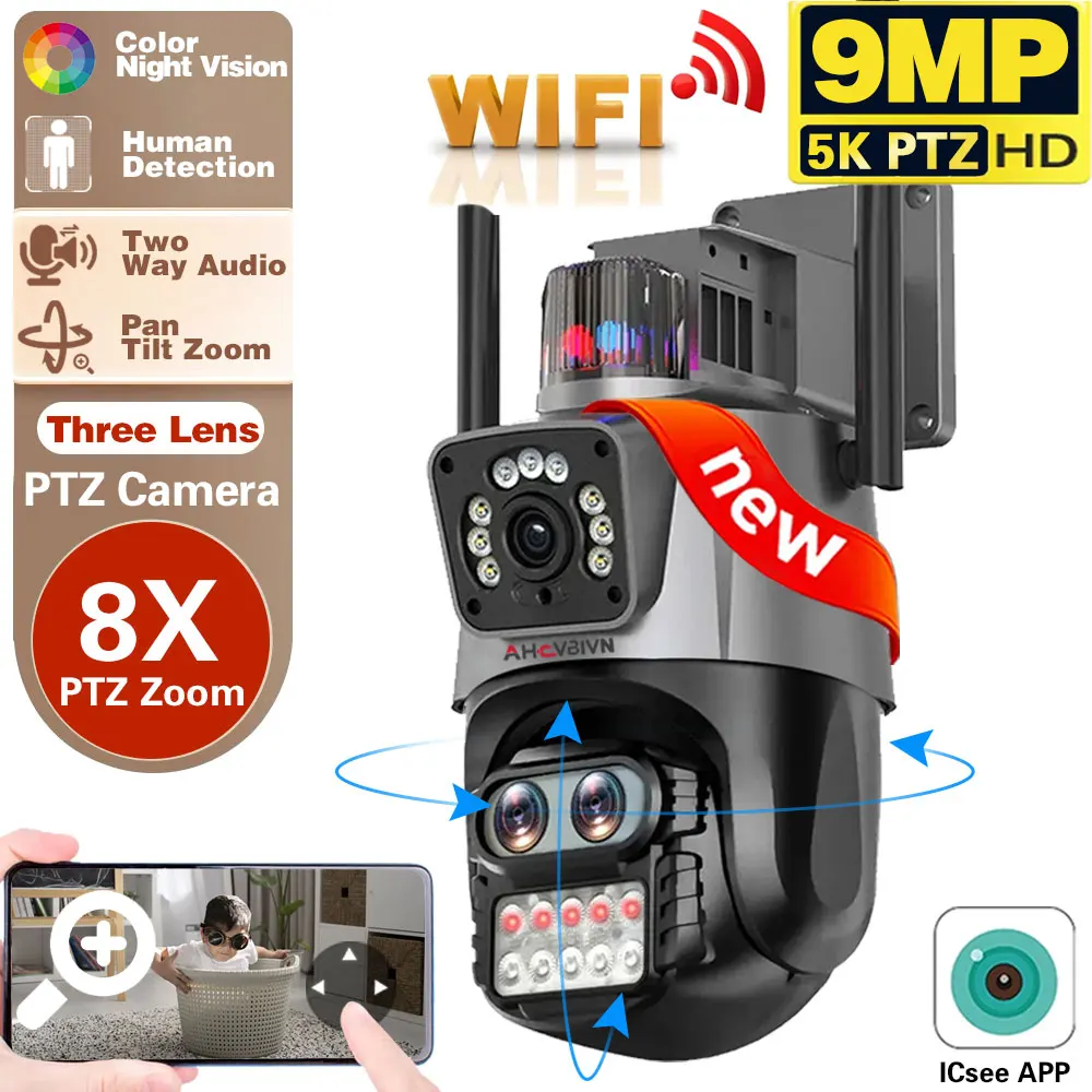 

9MP 5K PTZ Wifi Camera Three Lens 8X PTZ Zoom Ai Human Detect Auto Tracking Color Night Vision Outdoor Surveillance Camera ICSee