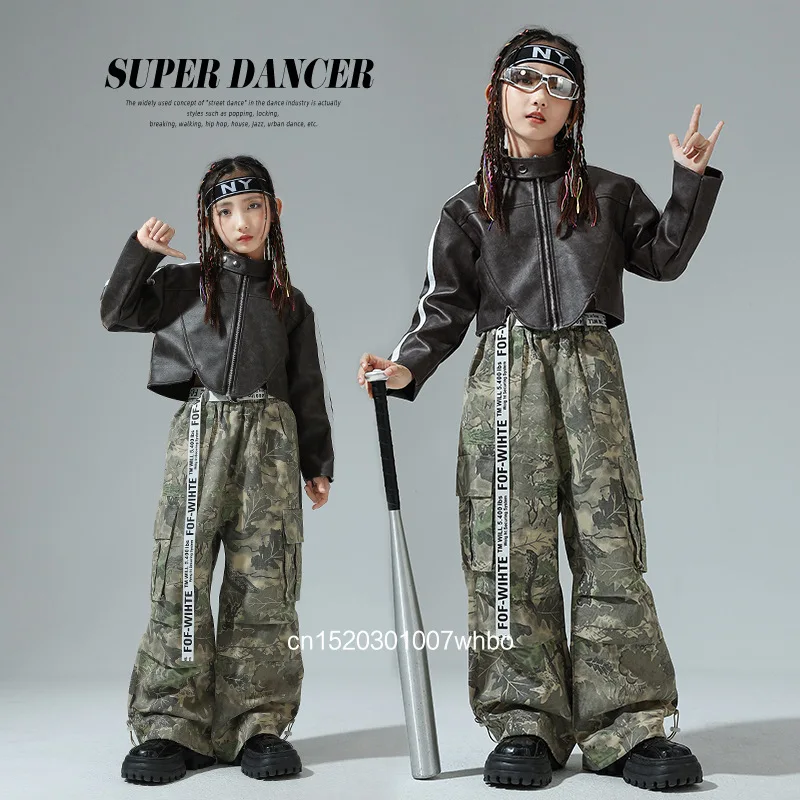 

Костюмы для джазовых танцев для девочек, короткие кожаные куртки для девочек, детские камуфляжные рабочие брюки, детский костюм для выступлений в стиле хип-хоп