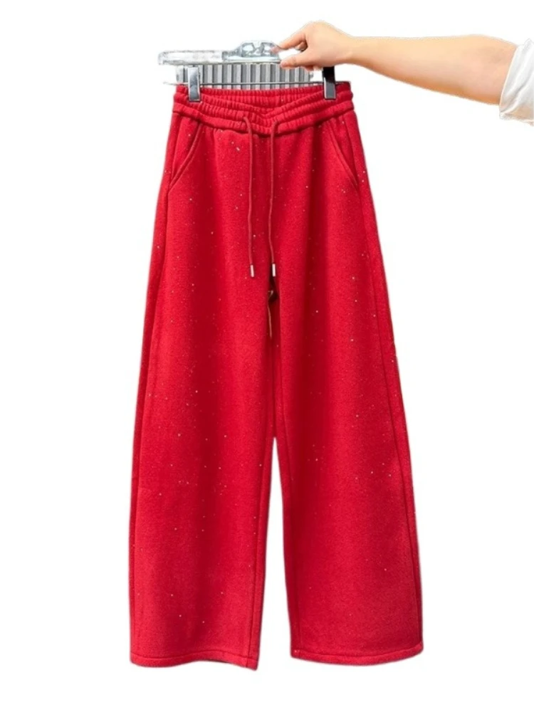 المرأة الأحمر بنطال ذو قصة أرجل واسعة شتاء جديد غرامة فلاش المخملية سميكة الدافئة عالية الخصر بنطلون الكورية فضفاض حجم كبير الطابق بنطلون
