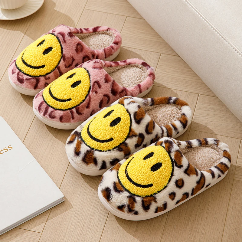 Leopard print plush slippers house shoes smile designer thick-soled shoes for men and women 2024 indoor plush slippers warm flat