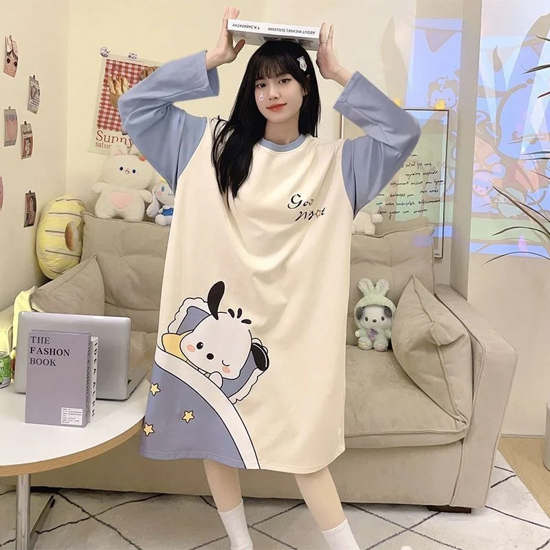 

Pochacco Young Girl Sleeping Skirt Kawaii Cartoon Student Long Sleeves Pajamas Dormitory Homewear Leisure Dress New Style