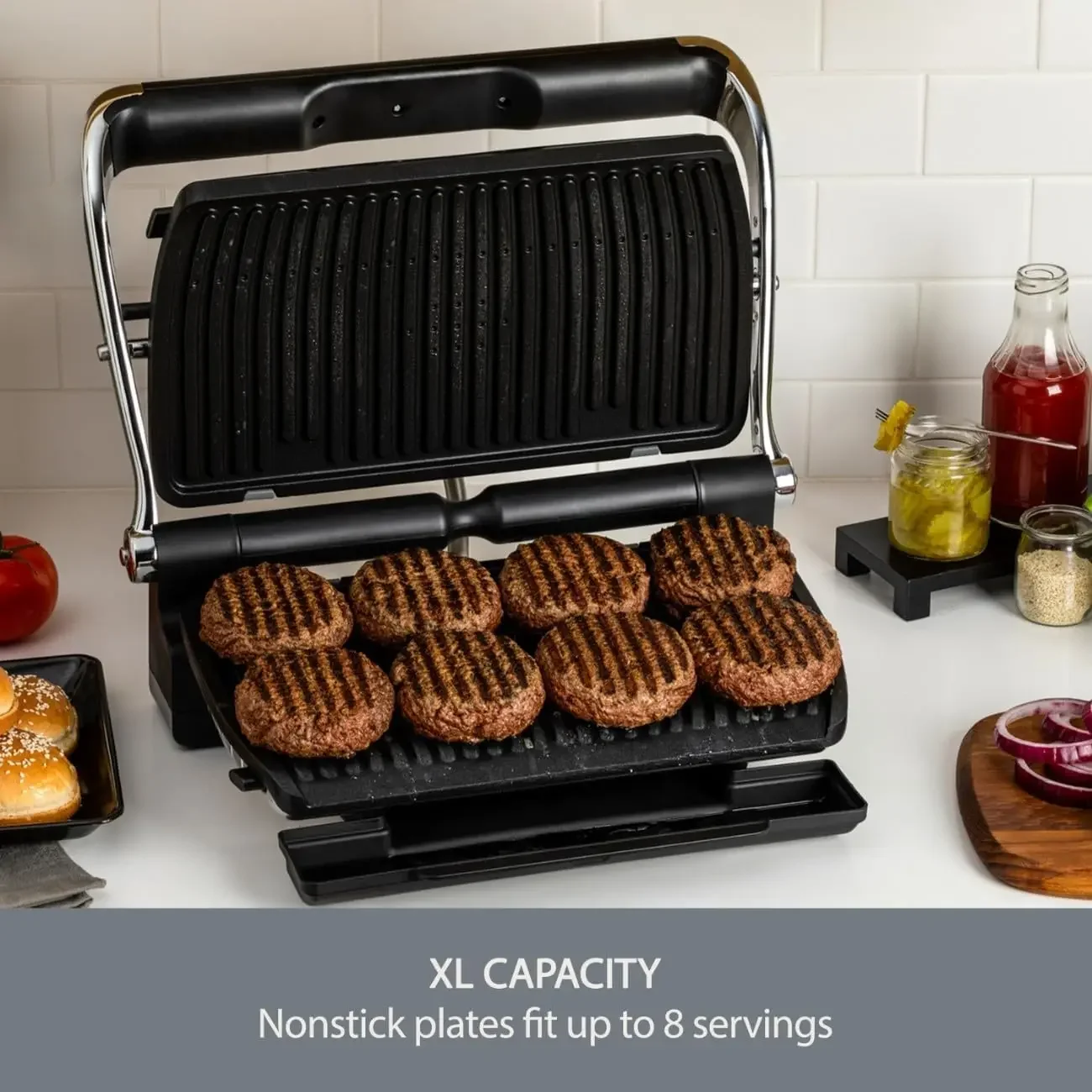 شواية داخلية من الفولاذ المقاوم للصدأ من AutoSense، Panini Press XL الطبخ التلقائي 1800 واط بدون دخاني، أطباق قابلة للإزالة، غسالة أطباق Saf