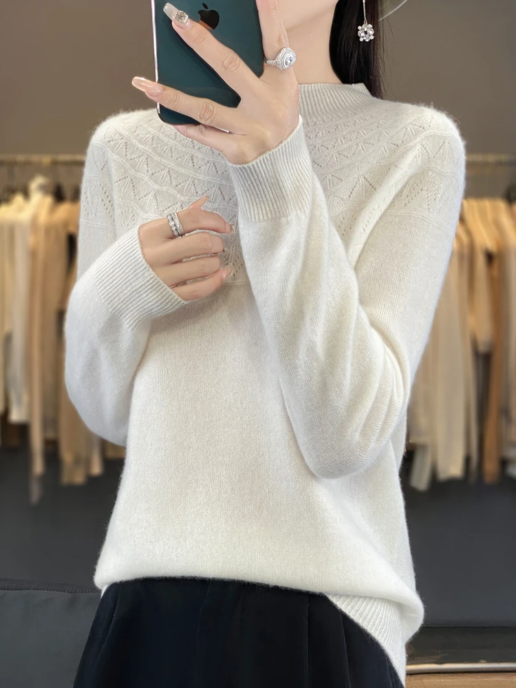 Autumn And Winter New Women\'s Hollow Knit Woolen Sweater Half High Neck Loose Jumper Long Sleeve Bottom Shirt - ZD904