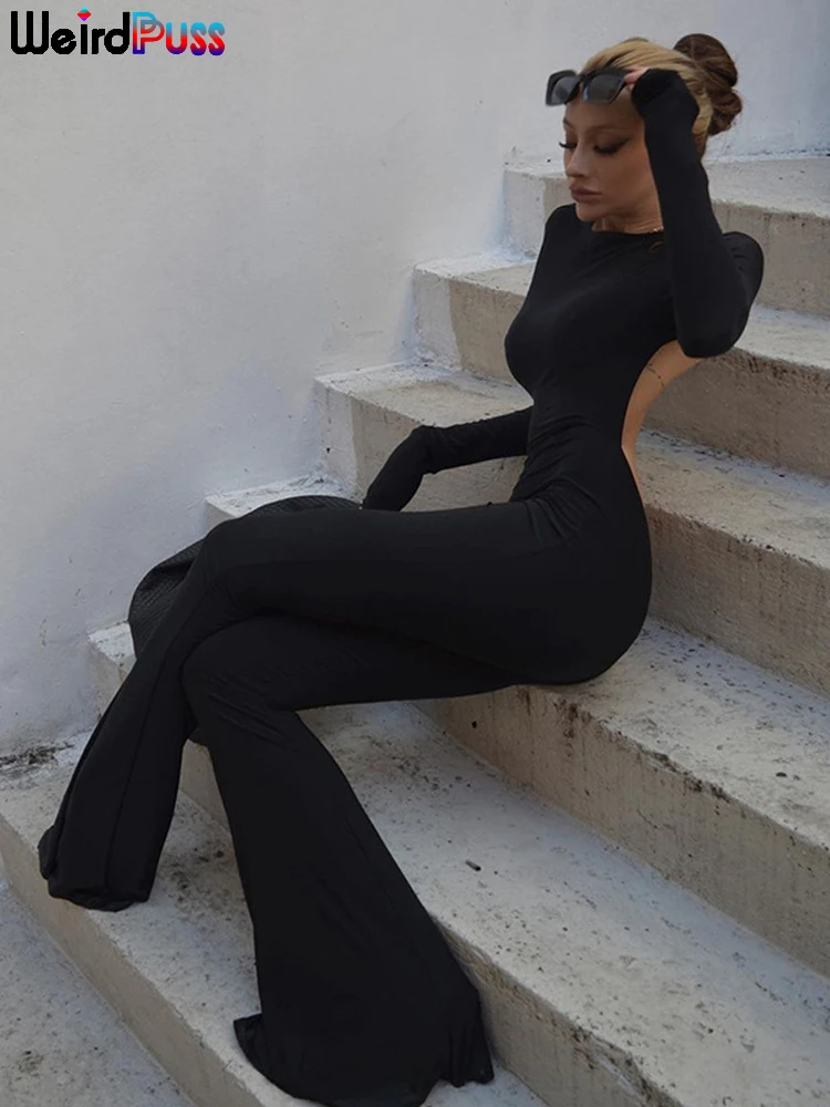Rare Puss Rugloze Jumpsuit Vrouwen Elegant Lange Mouwen Feest Zwart Casual Skinny Activiteit 2023 Herfsttrend Streetwear Workout