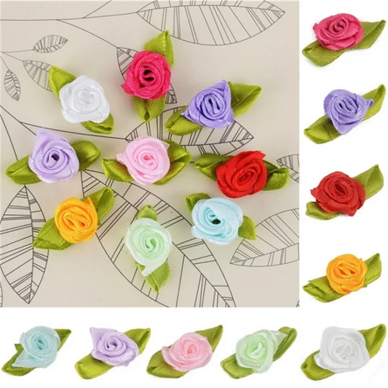 12mm DIY 100pcs Satin Ribbon Rose Flower DIY Craft Wedding Appliques