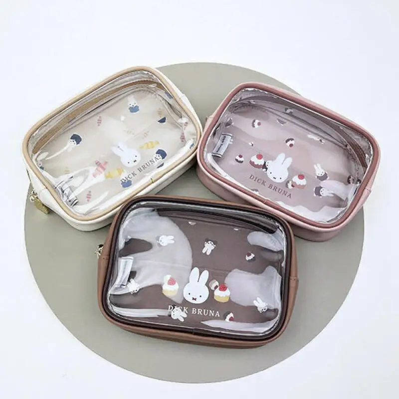 

Miffy Makeup Bag Kawaii Cartoon Miffy Rabbit Makeup Foreskin Material Semi Transparent Zipper Bag Cute Cake Printed Storage Bag