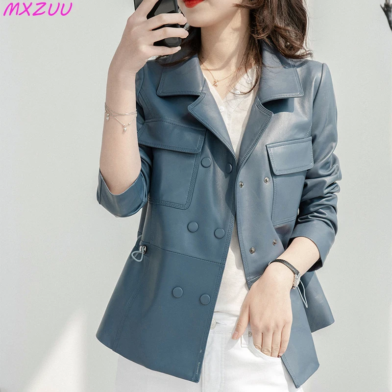 Leather Jacket Women 2026 Autumn Sheepskin Suit Collar Double-Breasted Waist Drawstring Casual Short Jaquetas De Couro Femininas