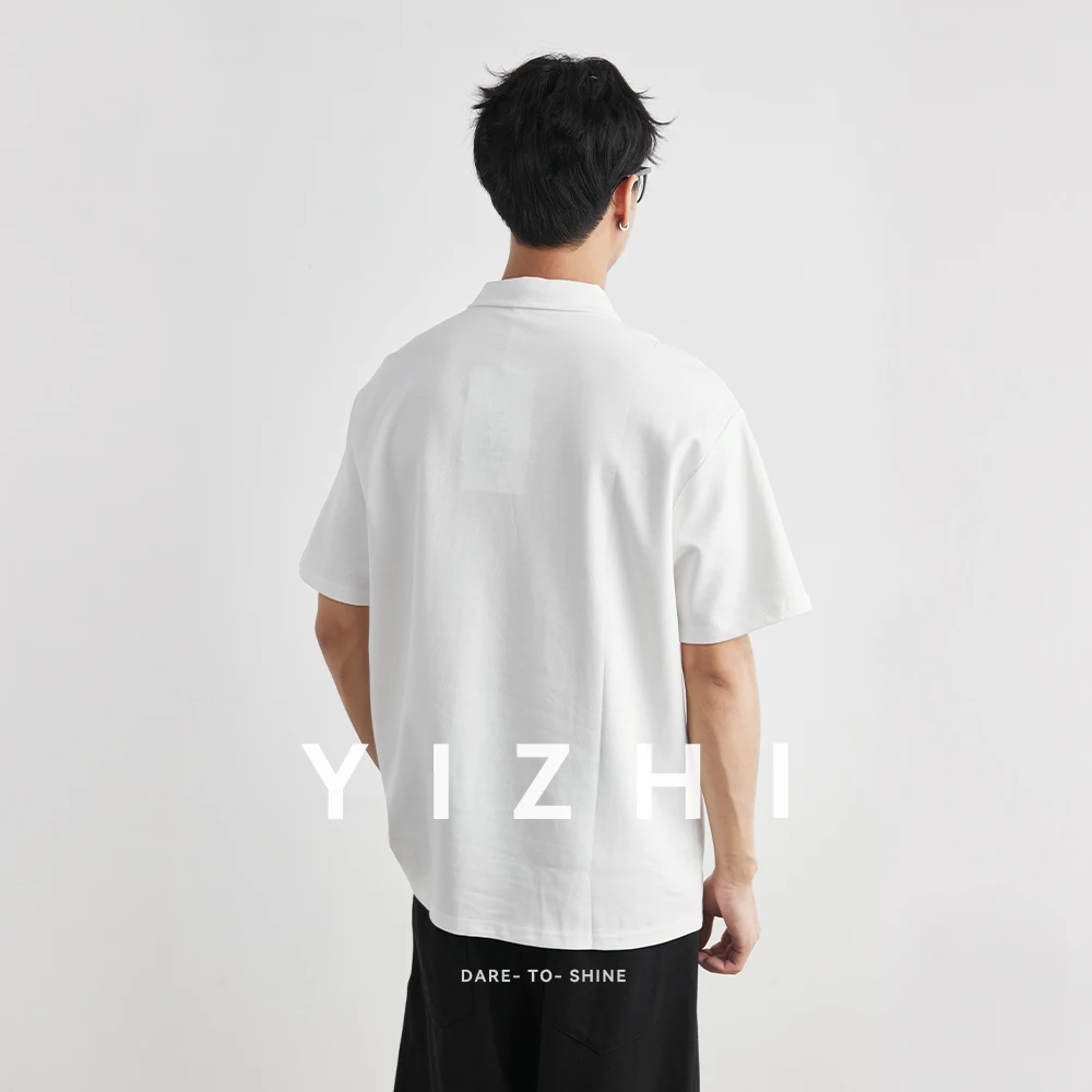 Men's Japanese Style Stitched Lapel Polo Shirt Summer Loose Simple Versatile Drop Shoulder Business Casual Short Sleeve T-Shirt