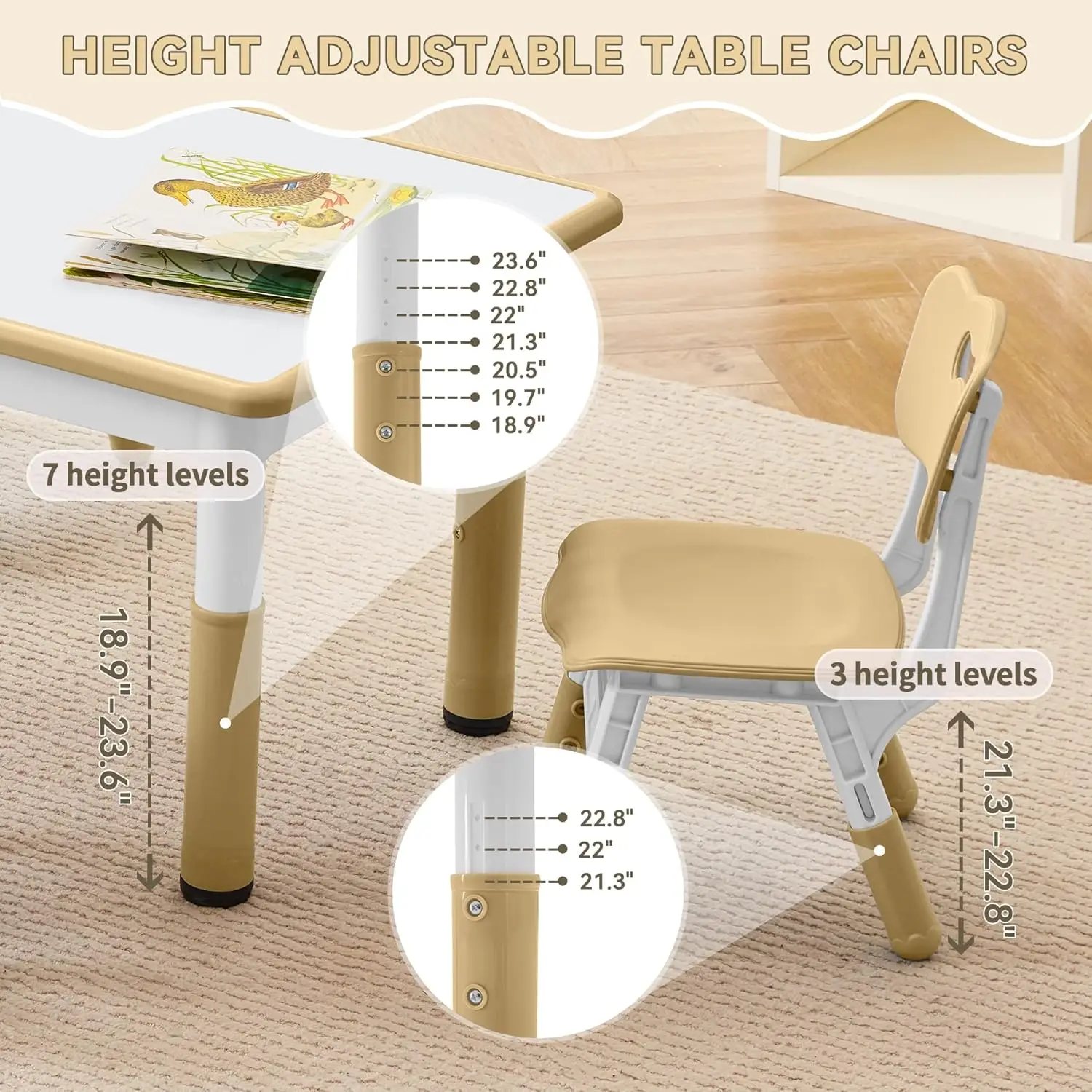 Ensemble table et chaises d'étude pour enfants, ensemble table et chaises pour tout-petits réglables en hauteur pour les enfants âgés de 3 à 8 ans, bureau Graffiti (marron clair)