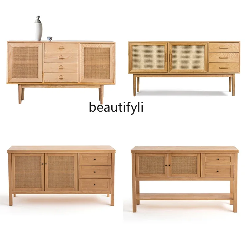 Nordic Rattan Sideboard Cabinet Living Room Storage Cabinet Homestay Hotel Wood Color Tea Cabinet Solid Wood Furniture