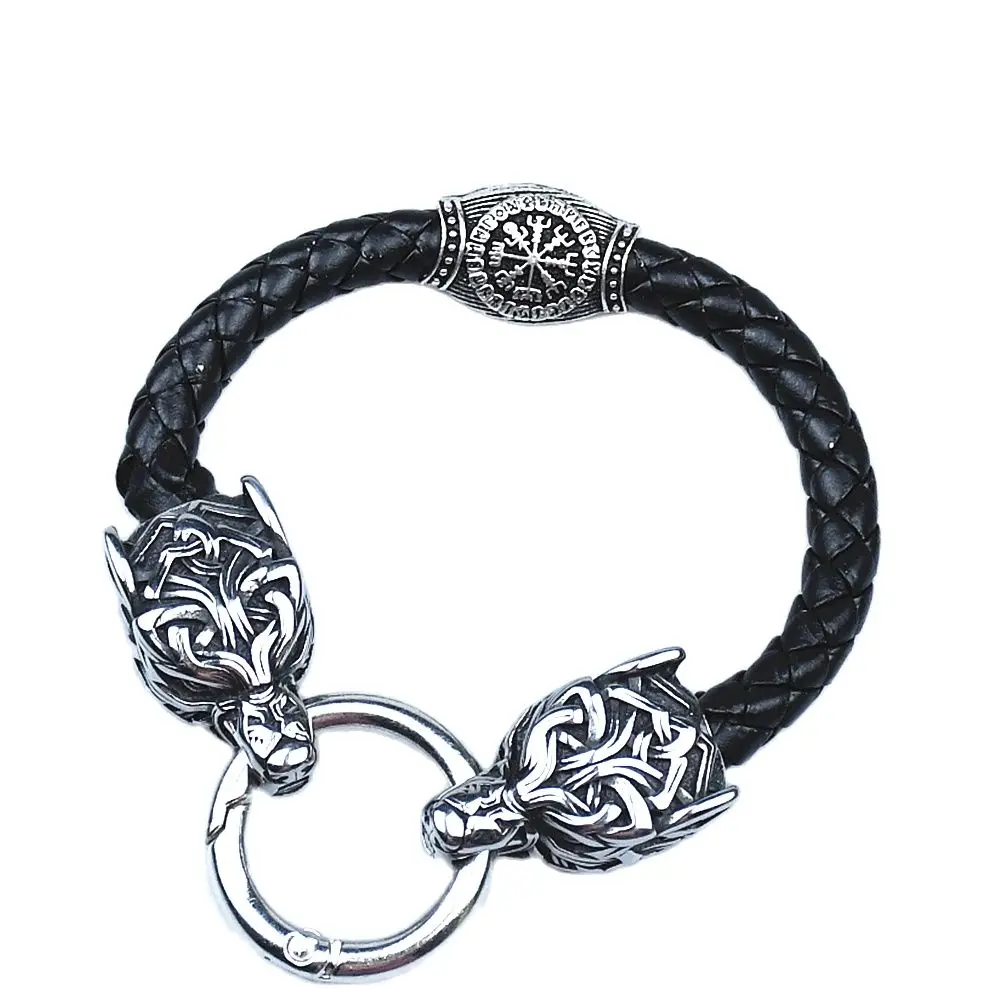 Pulsera de acero inoxidable con cabeza de lobo para hombre y mujer, brazalete de cuero con cuentas de runas vikingas, joyería