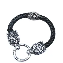 Stainless Steel Wolf Head Bracelets For Women Men Viking Rune Beads Leather Bracelet Jewelry