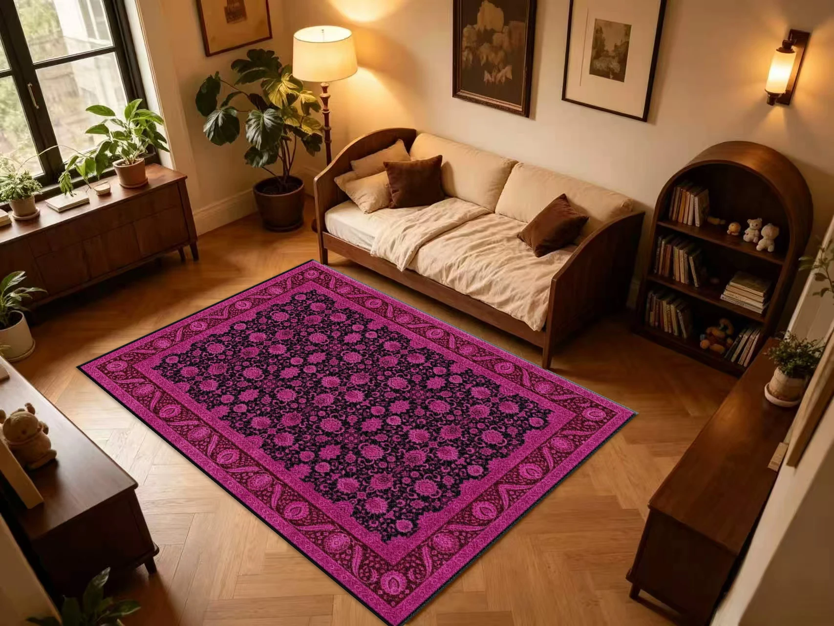 Hot Pink Black Traditional Floral Square Area Rug Dense Flower Pattern Border Printed Floor Carpet for Living Room Bedroom Home Decor