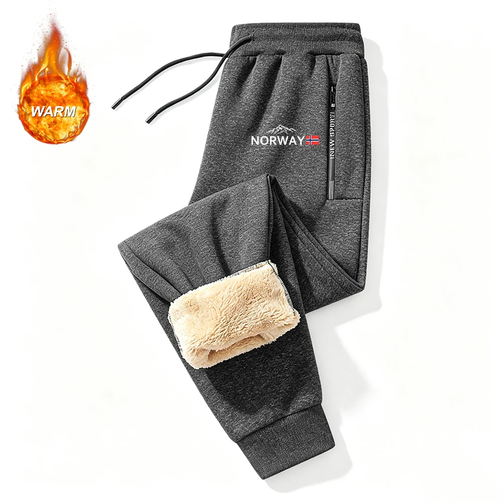Men's Mountain Flag Print Thick Sweatpants Winter Casual Warm Trousers With Zipper Pockets For Running Drawstring Sports Pants