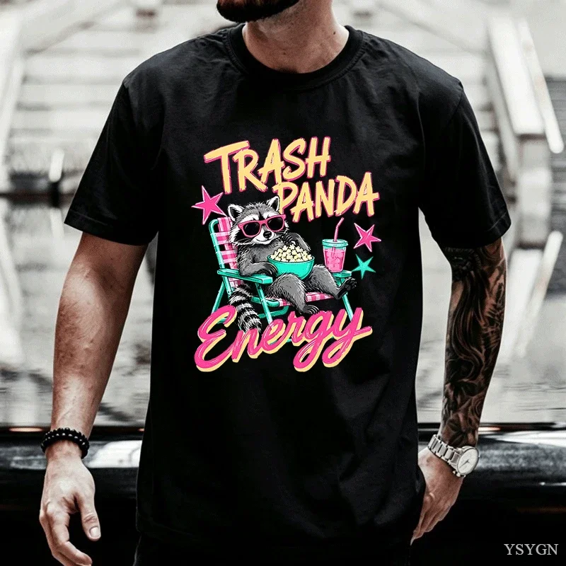 Trash Panda Energy T-shirts Raccoon Funny Animal Graphic T Shirts Casual Round Neck Printed Cotton Short Sleeve Tees Tops