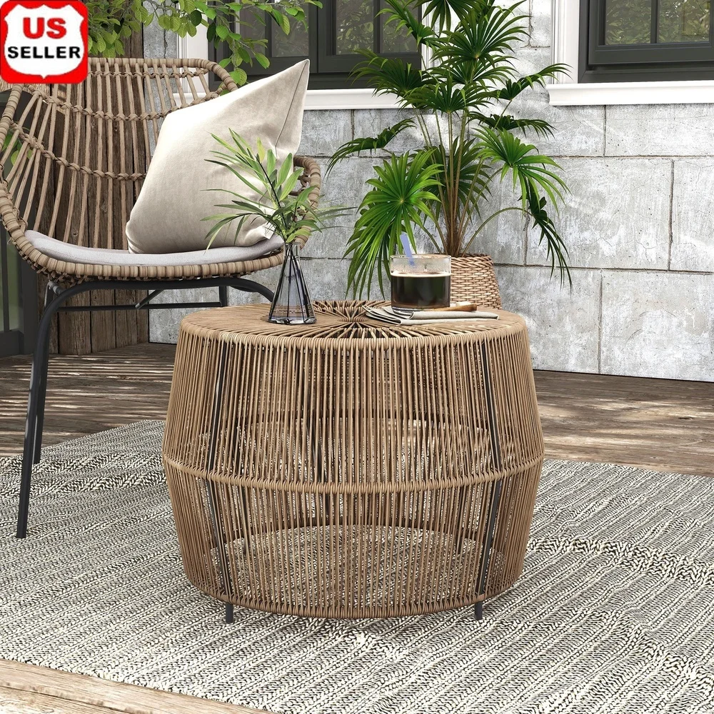 Outdoor Round Coffee Table PE Wicker Rattan Weather Resistant Durable Lightweight Indoor Outdoor Side Table Small Spaces