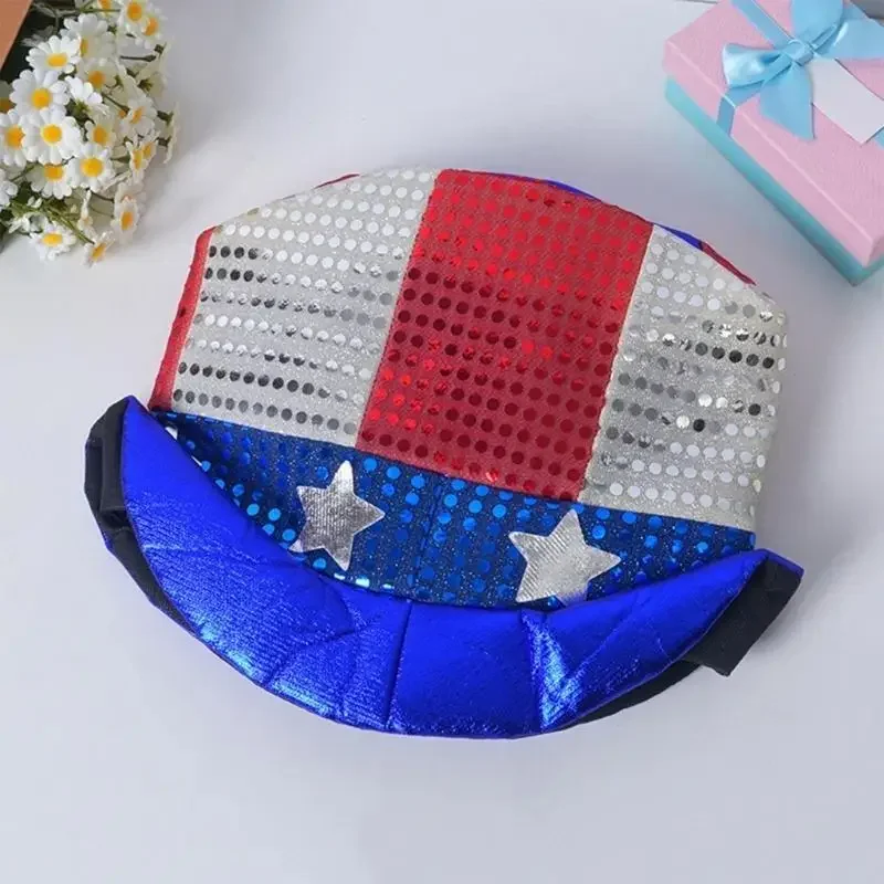 39BD July 4th Carnival Celebration Top Hat Glittering Sequins Hat Festival Headwear