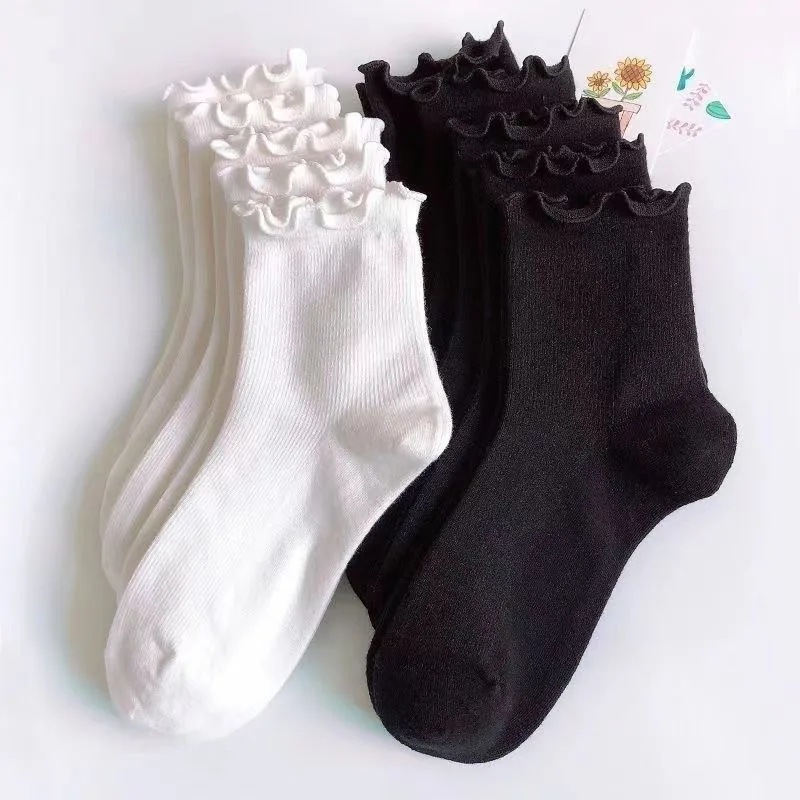 

5 Pairs White Women's Medium Tube Spring Autumn White Black Short Socks Cute Socks Adult Casual Knit Socks with Ruffles Hosiery