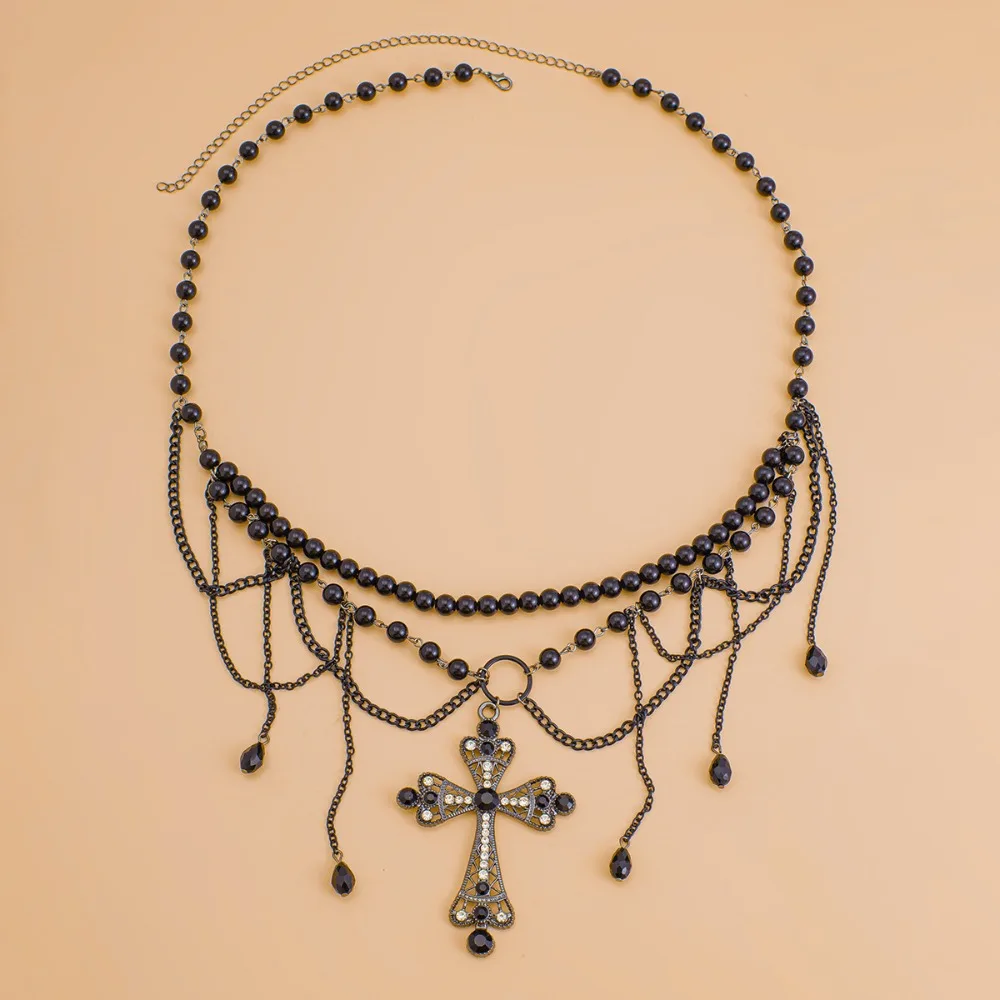 

Alloy Cross Black Chain Belt Adjustable Gothicism Y2K Silver Waist Chain Jeans Decor Exaggerated Crystal Tassel Waistband