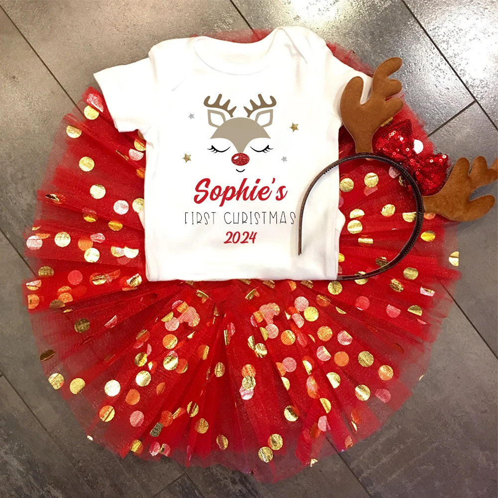 Personalized Christmas Baby Bodysuit & Tutu Set Custom Name Cake Dress Girls Shoty Sleeve Jumpsuit Skirts Girl Xmas Party Outfit