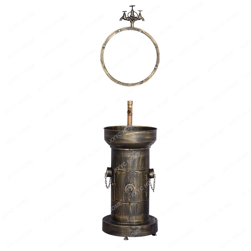 Wind Retro round Iron Wash Basin Integrated Pedestal Basin Bathroom Washbasin Floor Washstand