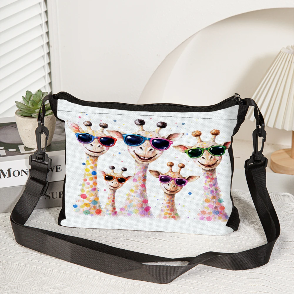 Giraffe Family Crossbody Bag White Colorful Giraffes Wearing Sunglasses Print Shoulder Bags For Women Girls Casual Travel Shoppi