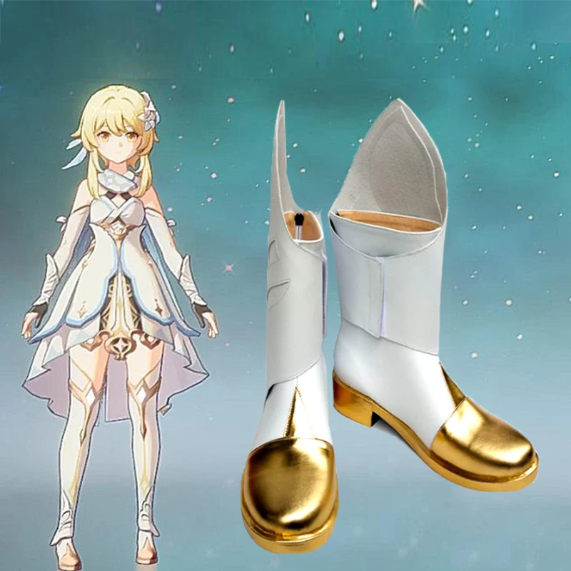 Costume de Cosplay Genshin Impact pour Homme et Femme, Bottes en Cuir PU, Chaussures Hautes, Blanc, Jeu de Rôle, Traveler Lumine, Halloween