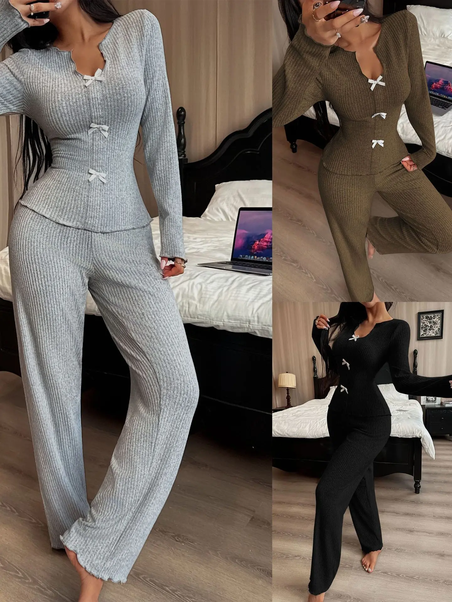 Vrouwen V-Ne Gebreide Trui Lange Sve Spwear Set Casual Sle Herfst Winter Thuis Kleding Tweedelige Set Europese Crt