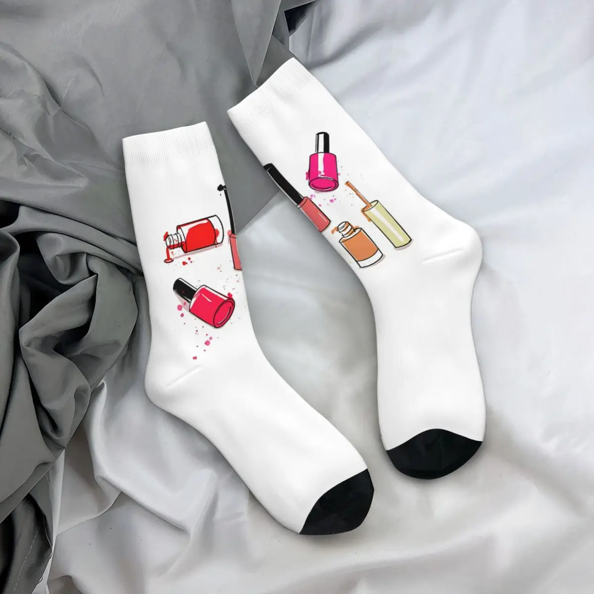 Chaussettes de basket-ball respirantes pour femmes et hommes, bouteille de vernis à ongles coloré, chaussettes rétro pour filles, automne, hiver, cool, mignon