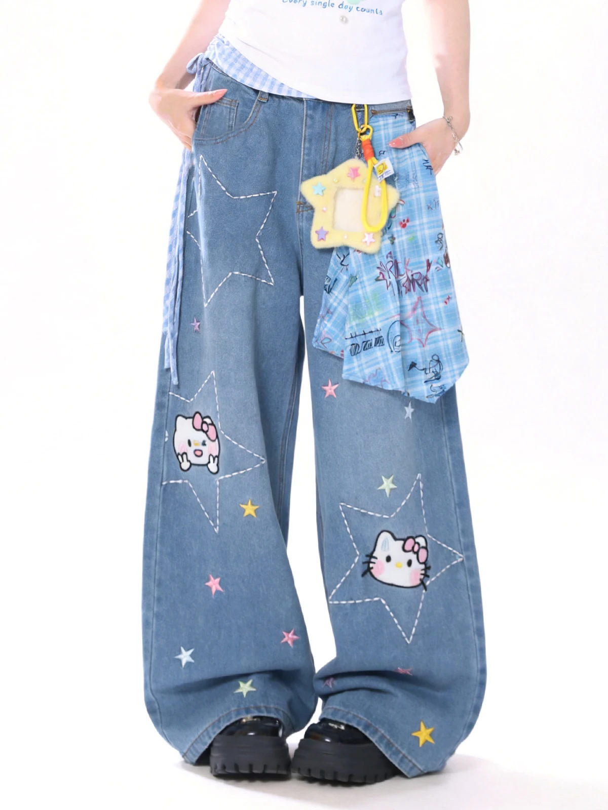 

ENJOG Adorable Star Washed High Waist Straight Leg Jeans Women's New 2026 Summer Loose Wide Leg Pants Casual Fashion