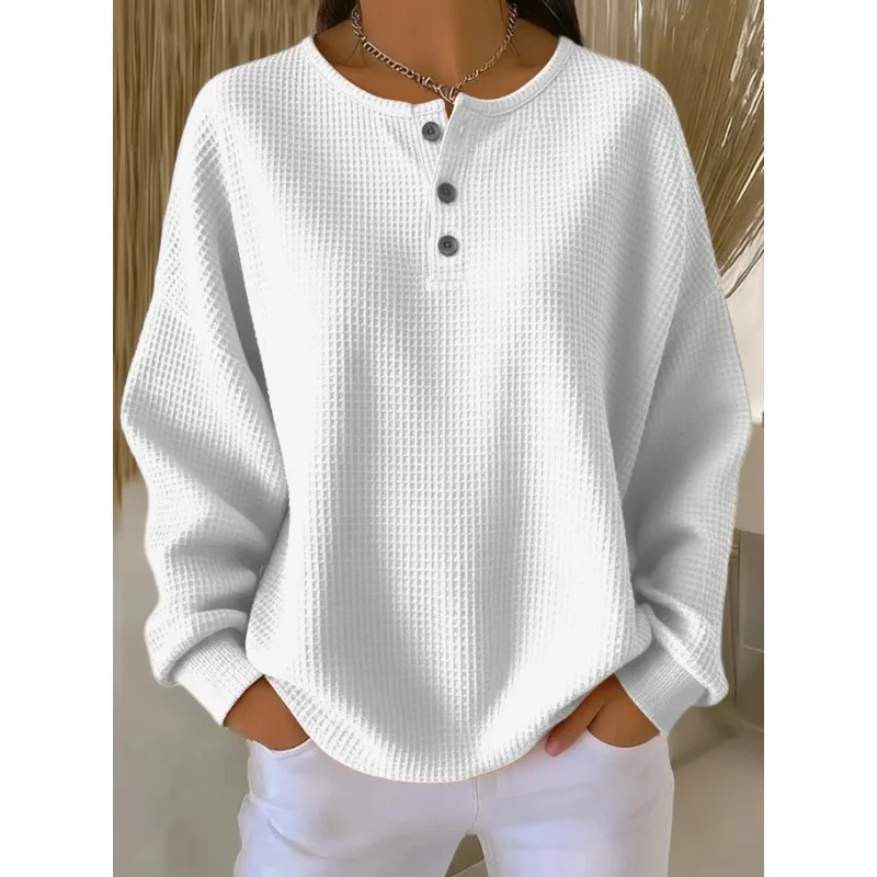 Waffle Round Neck Solid Color Casual Long Sleeved T-shirts Spring and Autumn Elegant Versatile Loose Fit Women's Pullover Top