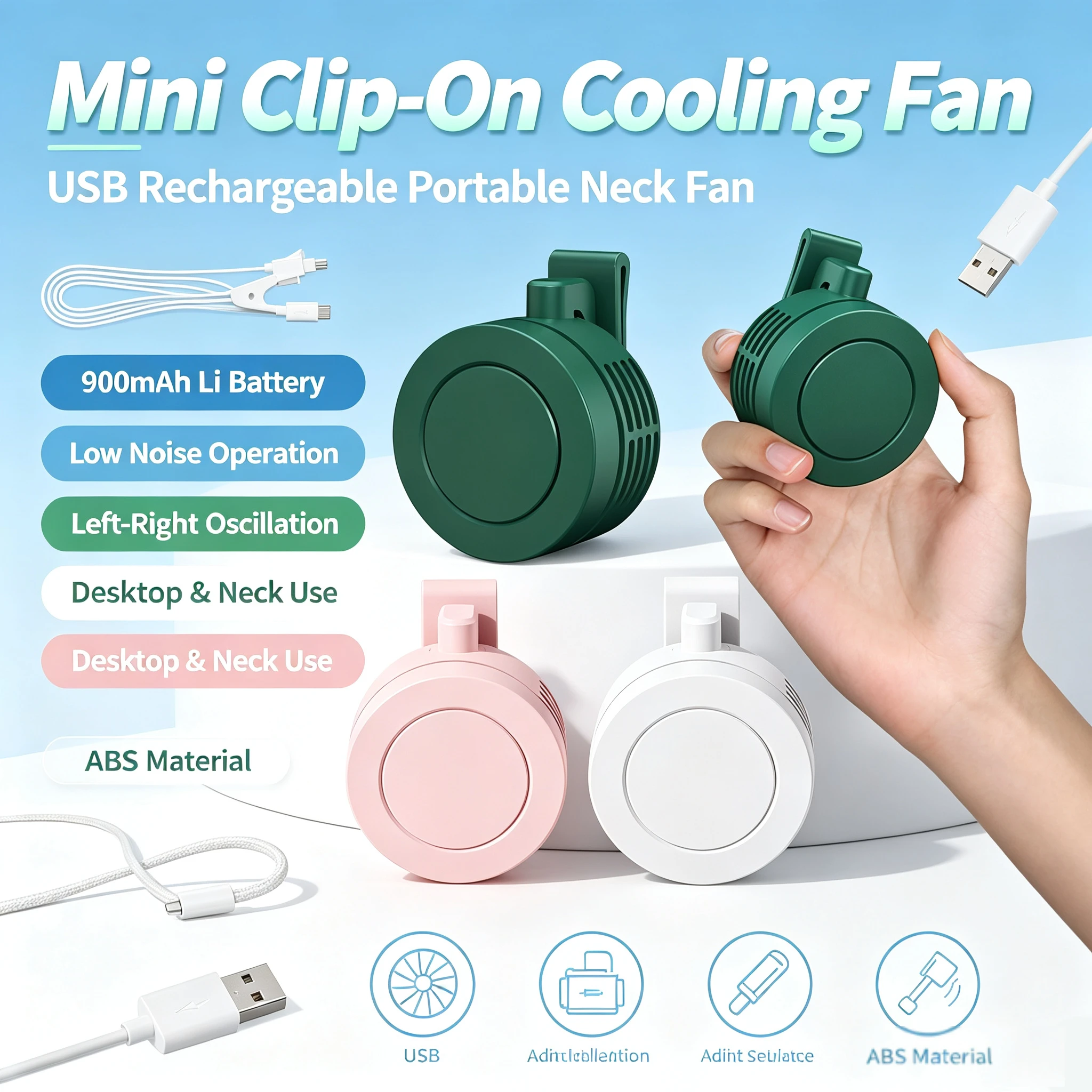 Portable Silent Fan Mini USB Rechargeable Bladeless Electric Clip-on Fan Adjustable 3-Speed Waist Fan For Outdoor Sports Office