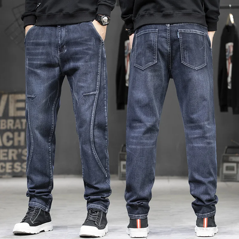 

Мужские джинсы больших размеров, эластичные повседневные брюки с широкими штанинами, летние, из смесового хлопка, удобные, прямого кроя