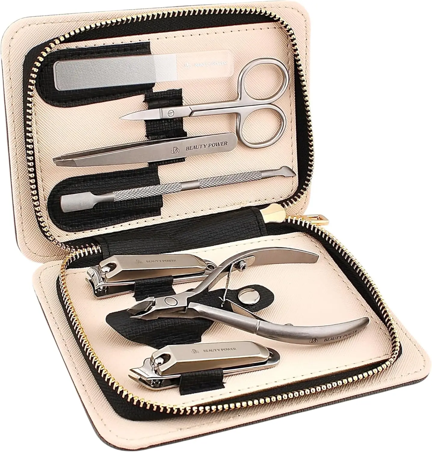 

7-in-1 Stainless Steel Manicure Pedicure Set with Slanted Clipper, Nipper, File, Tweezers, Scissors in Case - Matte Gray
