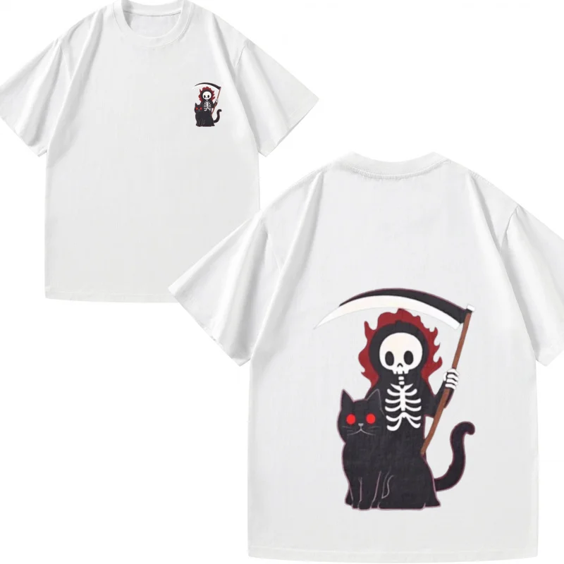تي شيرت رجالي أسود Grim Reaper & Cat مطبوع كاجوال لحفلات الهالوين قمة الموضة
