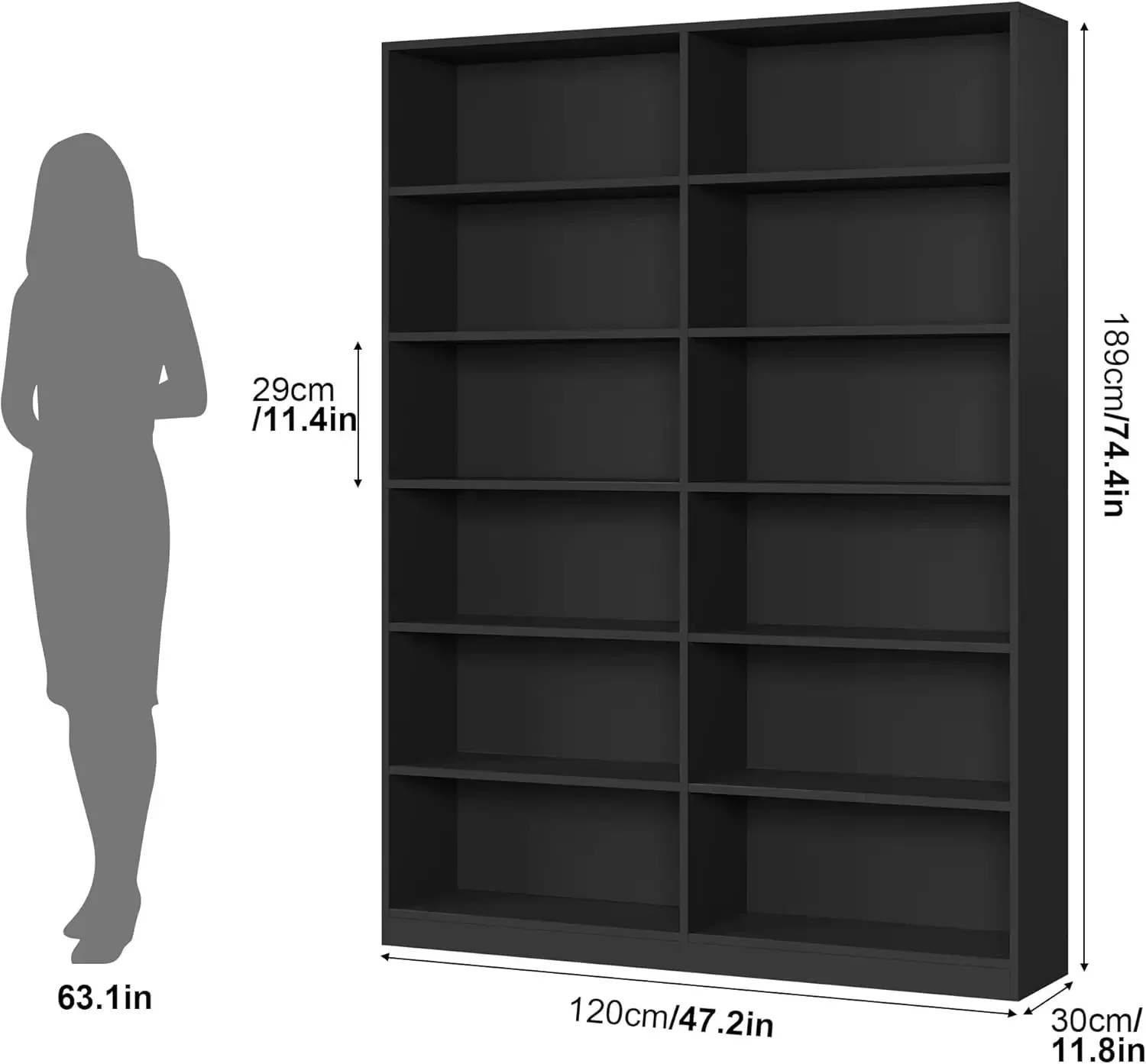 Bookshelf and Bookcase, 6-Tier Double Wide Bookshelves, Freestanding Display Storage Shelves, Tall Bookcases for Home Decor Bedr