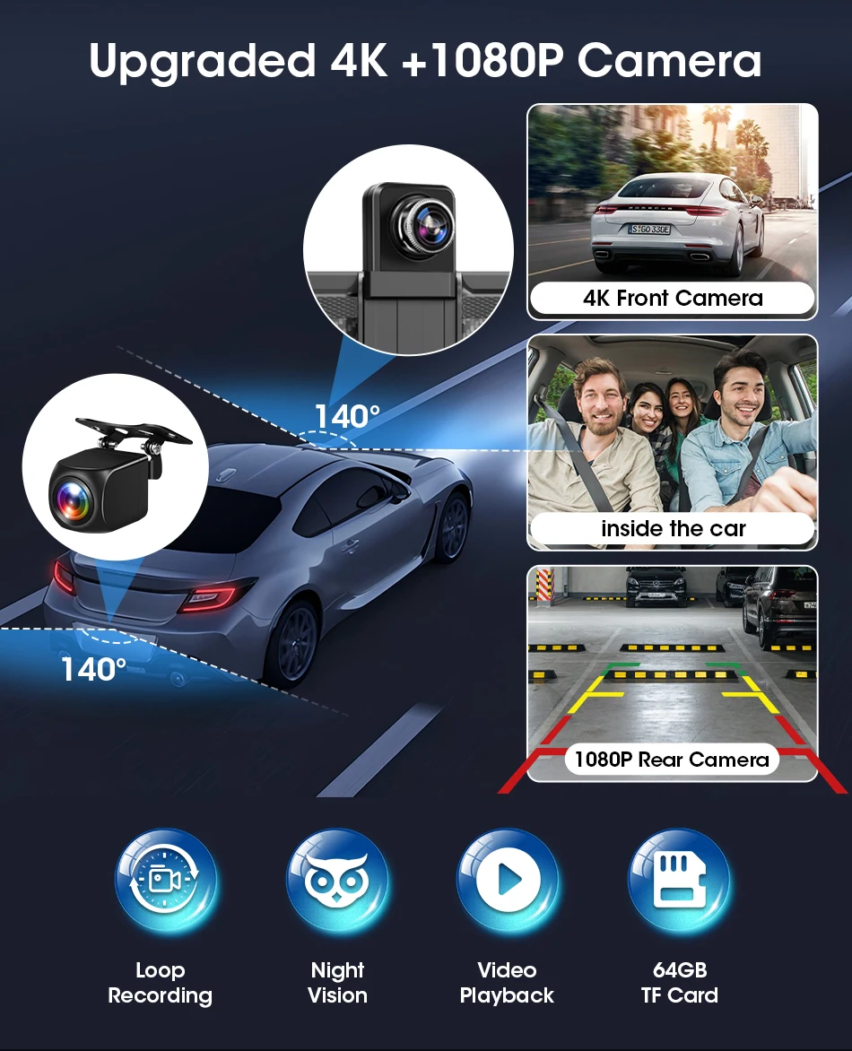 11,26 Zoll Dash Cam Auto DVR 4K Kamera Wireless Carplay Android Auto Touchscreen Dual Len Video Recorder Dashboard BT FM AUX GPS – Detail 10