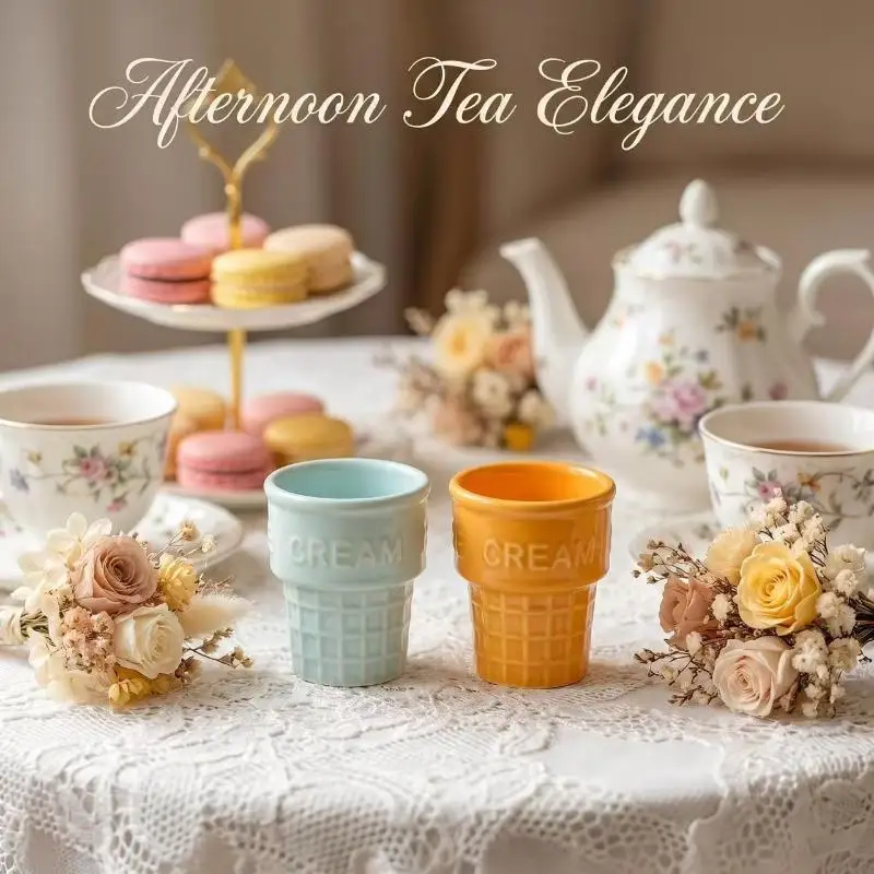 Colorful Waffle Cone Design Ceramic Ice Cream Cup Cute Aesthetic Dessert Coffee Mug For Home Cafe Afternoon Tea Party